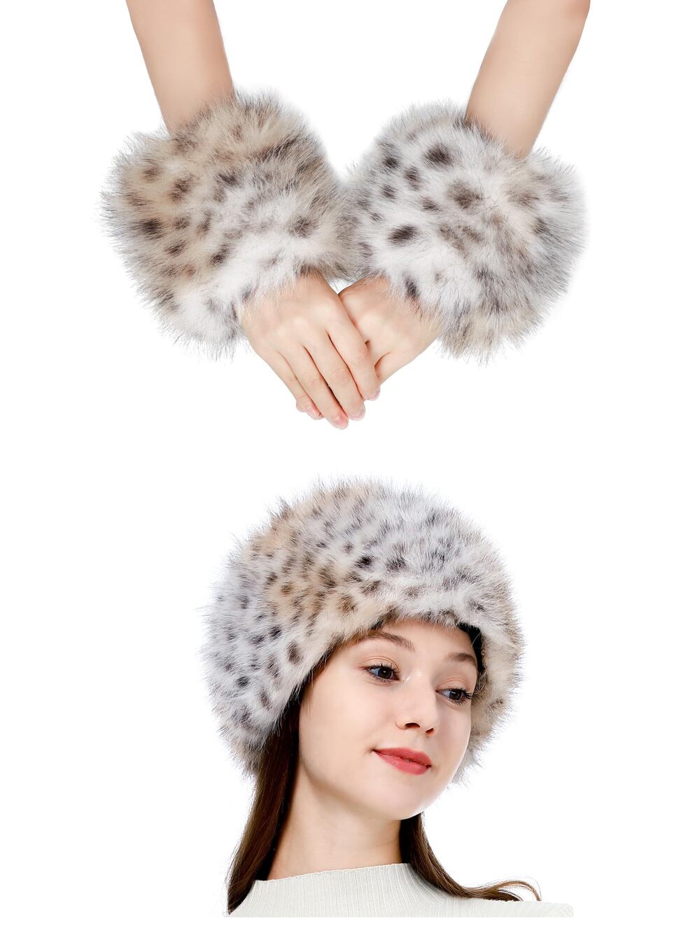9481 Faux Fur Wrist Cuffs and Faux Fur Hat 2pc Set